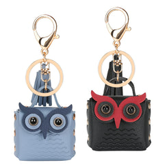 Owl Cute Keychain Leather Keychain with Lobster Clasp Keyring Tassel Coin Purse Keychain for Women Men kids Purse Bandbag Backpack Wallet Decor Gift 2Pcs(Black + Blue)