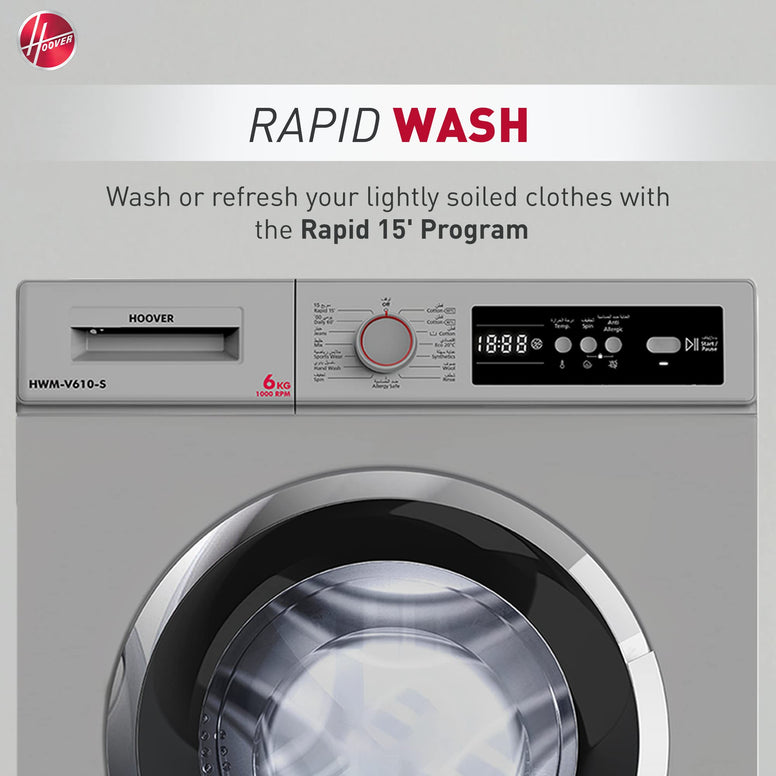 Hoover Hoover 6 Kg Front Load Fully Automatic Washing Machine, 1000 Rpm 15 Programs, Electronic Control System, Easy To Operate Clothes Washer, Made In Turkey, HWM-V610-S (Silver)