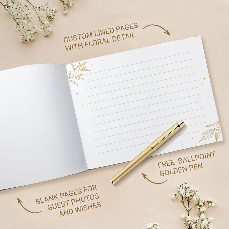 Gold Floral Wedding Guest Book, Wedding Guestbook with Pen, Guest Book Wedding Gold Hot Foil Stamping, Bridal Shower Guest Book Gold Paper Edge, Wedding Guestbook Alternative, Guestbook Wedding