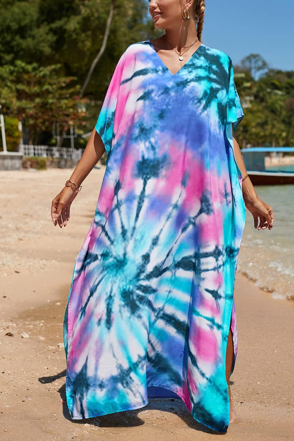 YouKD Summer Long Kaftan Bohemian Loungewear Beach Swimsuit Cover Up Maxi Dress for Women