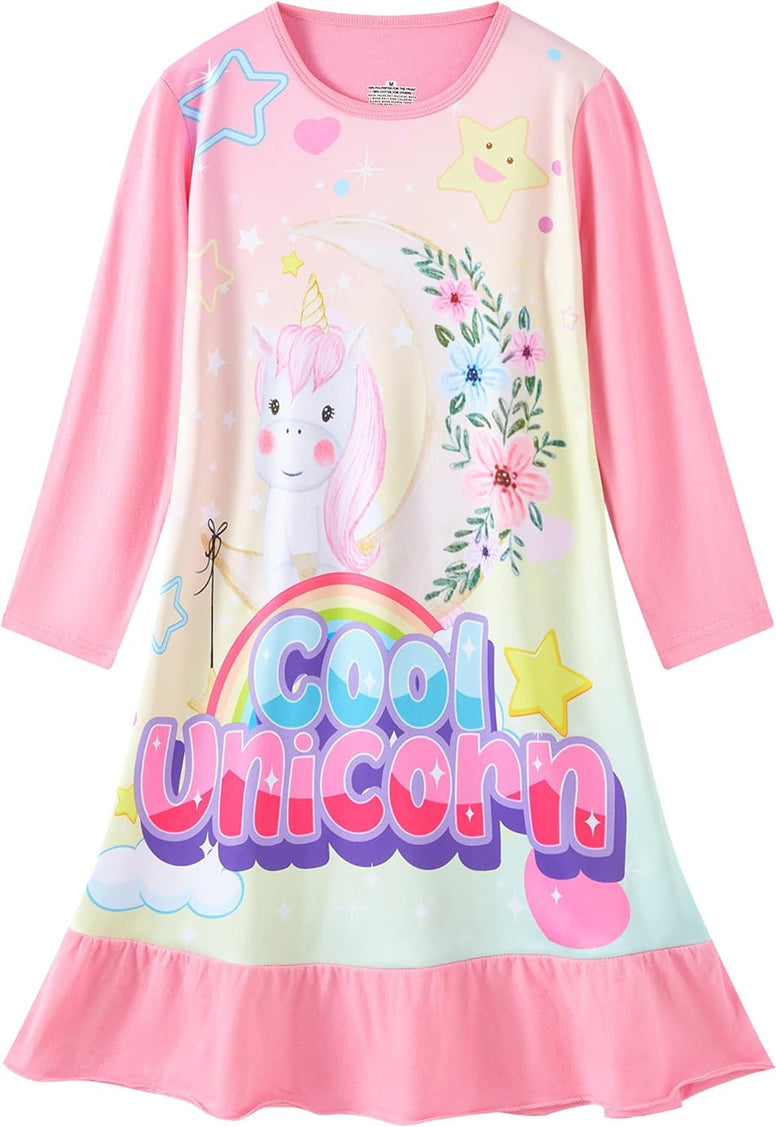 LOLPIP Girls Nightgowns 2-Pack Long Sleeves Kids Unicorn Cartoon Cotton Casual Dresses Children Size Large,6-7 Years