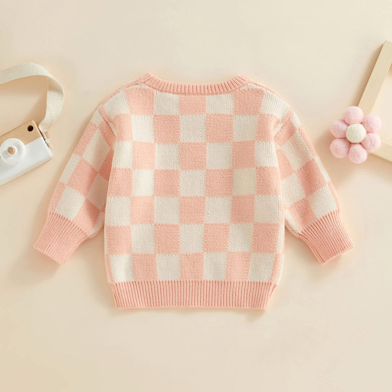 Kuriozud Toddler Baby Boy Girl Sweater Checkerboard Knit Crewneck Sweatshirt Soft Warm Fall Winter Clothes 6-12 M