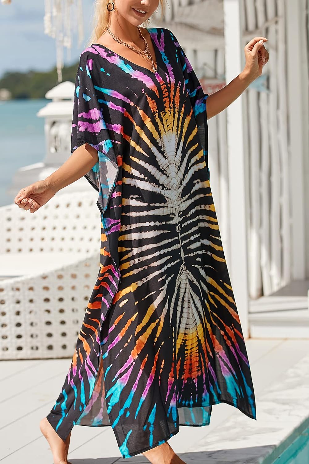 YouKD Maxi Dress V-Neck Kaftan Boho Robes Beach Cover-ups Dress Roomy Gowns for Women