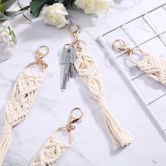 Keychain with Tassels, 4 Pieces Mini Macrame Keychains Boho Macrame Bag Decoration, Keys Charms with Tassel Handcrafted Accessory for Car Key Purse Phone Supplies, Beige