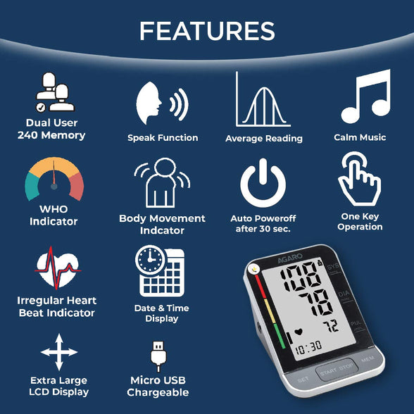 AGARO Automatic Digital Blood Pressure Monitor, BP-801, 240 Memory, Talk function, Batteries Included