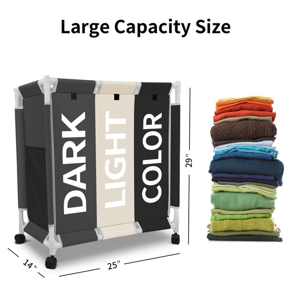 3 Bag Laundry Sorter Cart, Laundry Hamper Sorter Basket with Heavy Duty Lockable Rolling Wheels for Clothes Storage (3 Color-Black/Beige/Dark Grey)