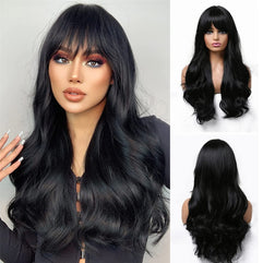 Arabest Long Wave Wigs with Bangs, Natural Curly Wavy Hair Black Color Synthetic Wigs with Neat Bangs, Can Modify Heat Resistant Weave Wigs, Women Wigs for Daily Party Cosplay