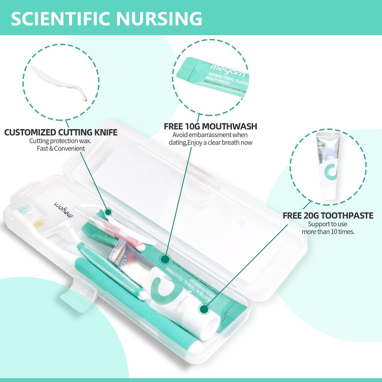 Orthodontic Dental Oral Care Kit 6-Pc Set with Box, [Toothbrush] [Toothpaste] [Interdental Brush] [Dental Wax] [Mouthwash] Suitable for Braces Starter Cleaning Kit Portable Dental Health