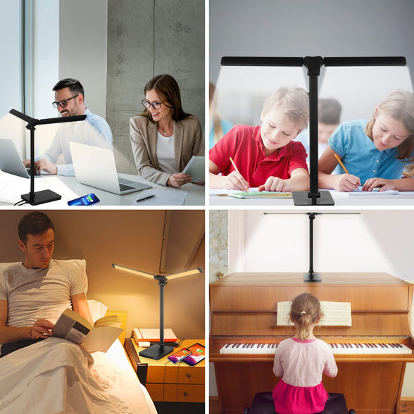 Desk Lamp Double-head, Ufanore Table Lamp for Home Office with 2 Extra USB Port, Eye-caring Kids Study Lamp&Bed Reading Lamp, LED Bedroom Lamp with 5 Light Colors & 5 Brightness Levels, 45Min Timing