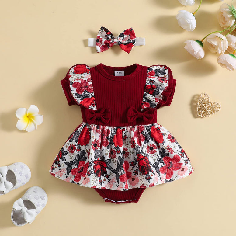 Mecykcsr Newborn Baby Girl Romper Floral Ruffle Ribbed Bodysuit One-Piece Jumpsuits Headband Summer Outfits Set 3-6 Months