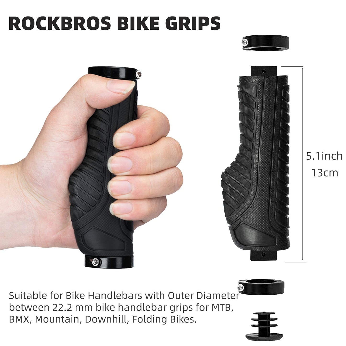 Rock BROS Mountain Bike Grips Handlebar Bicycle Handlebar Grips Bike Handle Grips Double Aluminum Clamp Lock On Grips for MTB BMX Mountain Bike Handle Bar Ends Black Grey Red Green