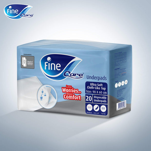 Fine Care Underpads, Disposable And Highly Absorbent, Ultrasoft Cloth-Like Top, Size 60 X 90 cm, Pack Of 20