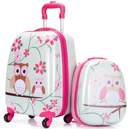 Maxmass 2PCS Kids Luggage Set, Kids Hard Shell Trolley Case with 4 Universal Wheels, Children Backpack and Suitcase for Boys Girls Travel School (Owl, 12