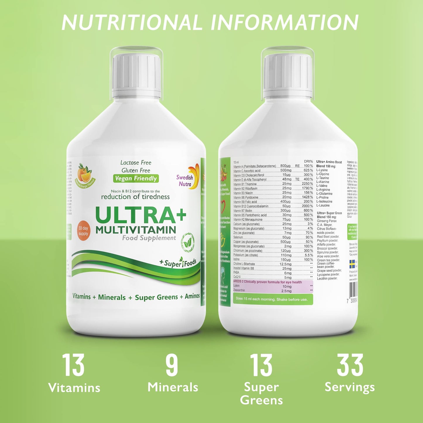 Swedish Nutra Vegan Multivitamin Liquid - Pack of 500ml, 33 Day Supply| Orange Flavour with 51 Active Ingredients| 100% Natural Flavour| High Absorption Rate| Vitamins, Minerals, Aminos & Super Greens