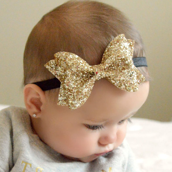 CheeseandU 4Pack Baby Girl Sparkling Hair Accessories Black Gold Sequin Bow Baby Girl Headbands Elastic Gold Silver Infant Baby Headbands Birthday New Year Party Headwear Set