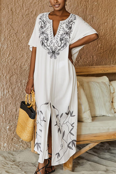 YouKD Embroidered Kaftan Dress Boho Beach Bikini Cover Up Robe Plus Size Loungewear for Women