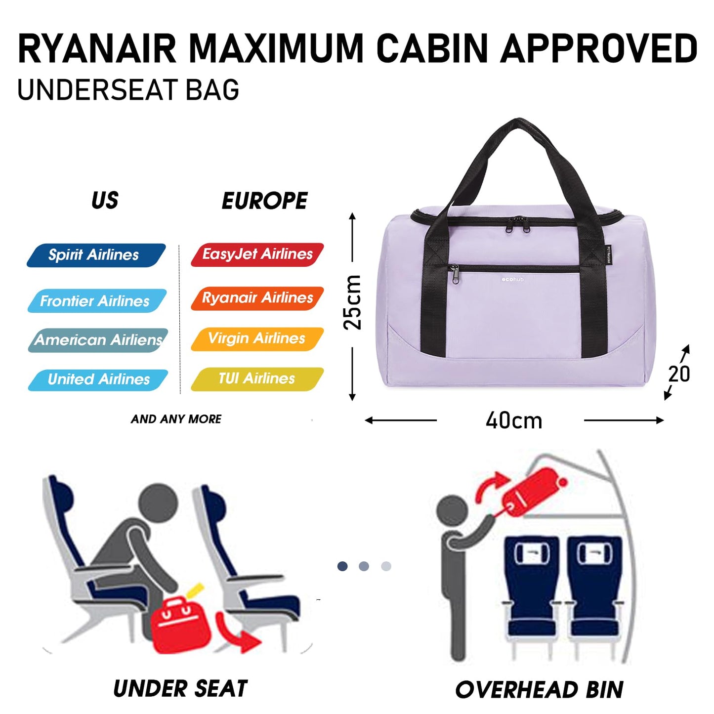 ECOHUB Ryanair Cabin Bags 40x20x25 Underseat Cabin Bag Travel Hand Luggage Bag Holdall Bag Carry on Bag Overnight for Women and Men Weekend Bag Hospital Bag Recycled PET Eco Friendly (Light Purple),