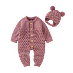 Newborn Baby Boy Girl Winter Clothes Knitted Sweater Romper Crewneck Solid Color Jumpsuit Hat Infant Fall Outfit