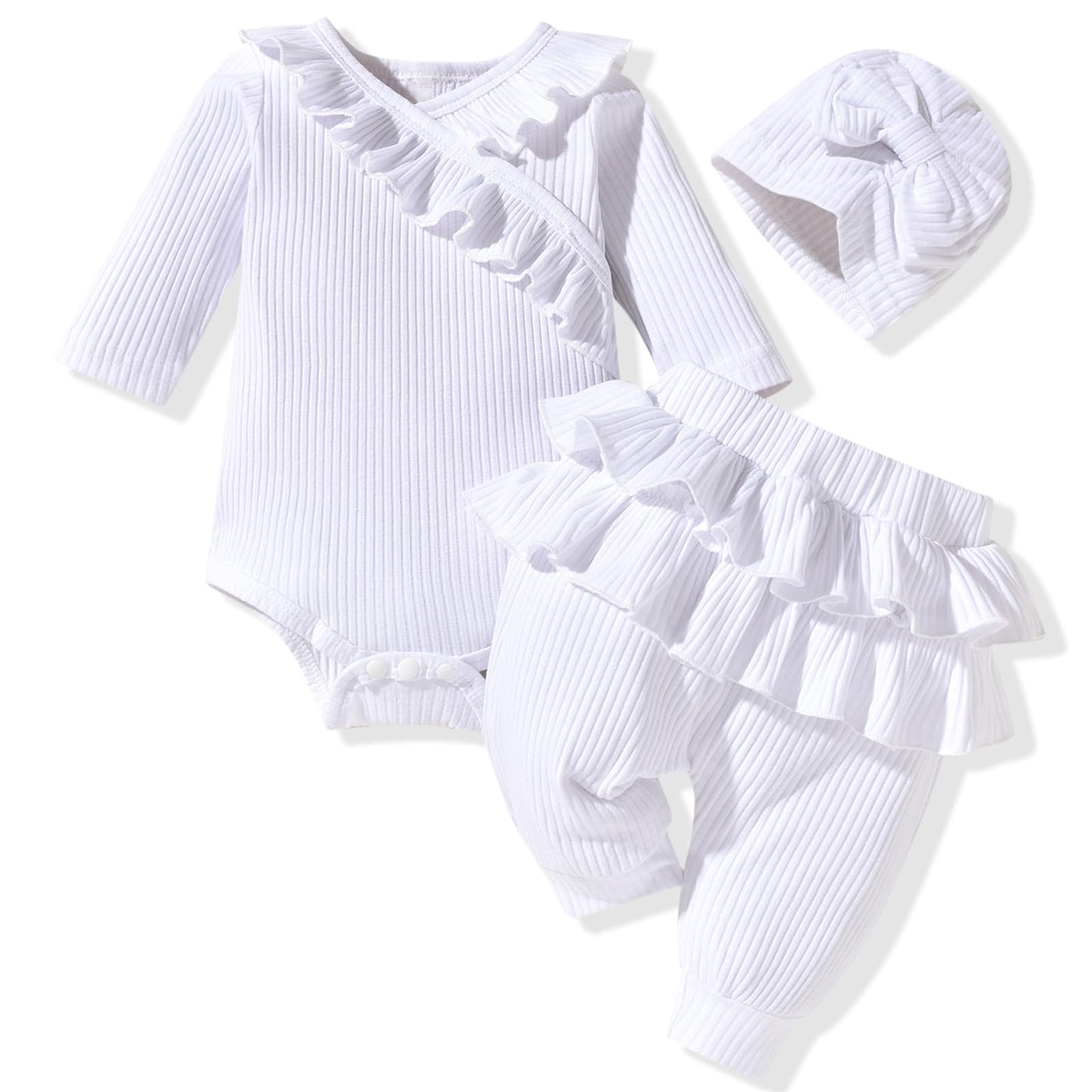 fioukiay Preemie Newborn Baby Girl Clothes Infant Girl Solid Ribbed Outfits Ruffle Romper and Pants 3PC Clothing Sets 3-6 Months