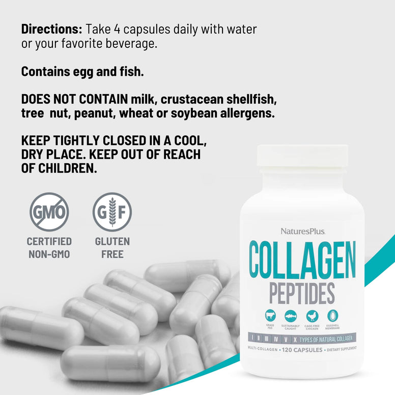 NaturesPlus Collagen Peptides - 120 Capsules - Hair, Skin, Nail & Joint Health, Immune System Support - Non-GMO, Gluten Free - 30 Servings