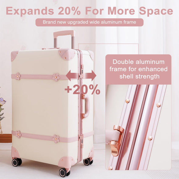 NZBZ Women Cute Vintage Luggage Sets with TSA Lock 3 Piece Luxury Retro Trunk Luggage Hardside Trolley Suitcase, White, 14inch & 20inch & 28inch, Vintage, White, 14inch & 20inch & 28inch, Vintage