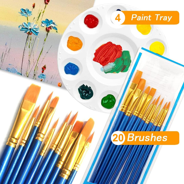 Paint Brushes Set,20 Pcs Round Pointed Paintbrushes 4pcs Paint Tray Palettes Artist Acrylic Paint Brush for Acrylic Oil Watercolor Body Face Nail Art Rock Painting,Kids Adult Painting Supplies