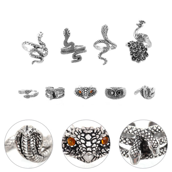 FOKFAO 27 pcs Jewelry Stylish Women Vintage Chic Adjustable Dragon Snake Style Decorative Animal Men Silver Eagle Shaped Punk Accessories Creative Rock Decorations Ring Open Costume