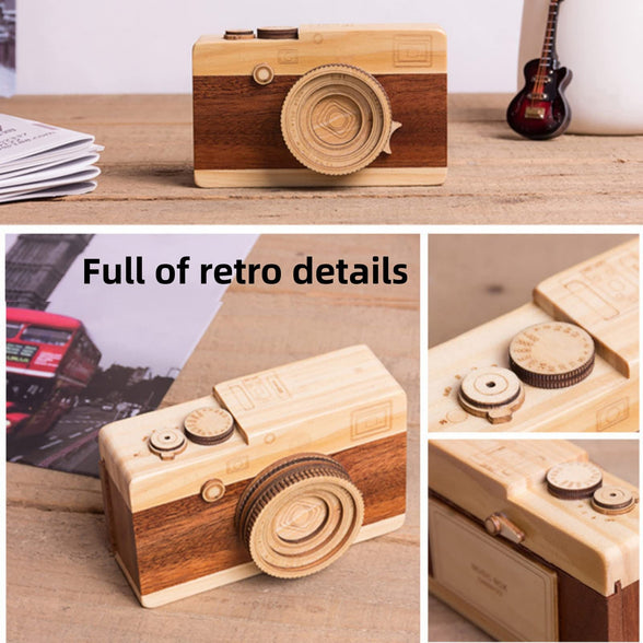 POSICHE Music Box Hand Crank Wooden Music Cartoon Decoration Wooden Box Creative Rotating Shutter Retro Camera Music Box Valentine Day Birthday Gift Music: Castle In The Sky or Spirited Away (wide)