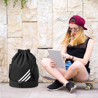 Drasry Drawstring Backpack Resistant String Bag Swimming Gym Sports with Compartment Side Mesh Pockets for Women Men