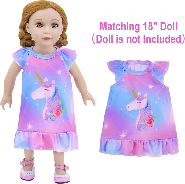 ICOSY Matching Girls & Doll Nightgowns Clothes Unicorn Pajamas Sleepwear Outfit for Girls and American 18" Girl Doll