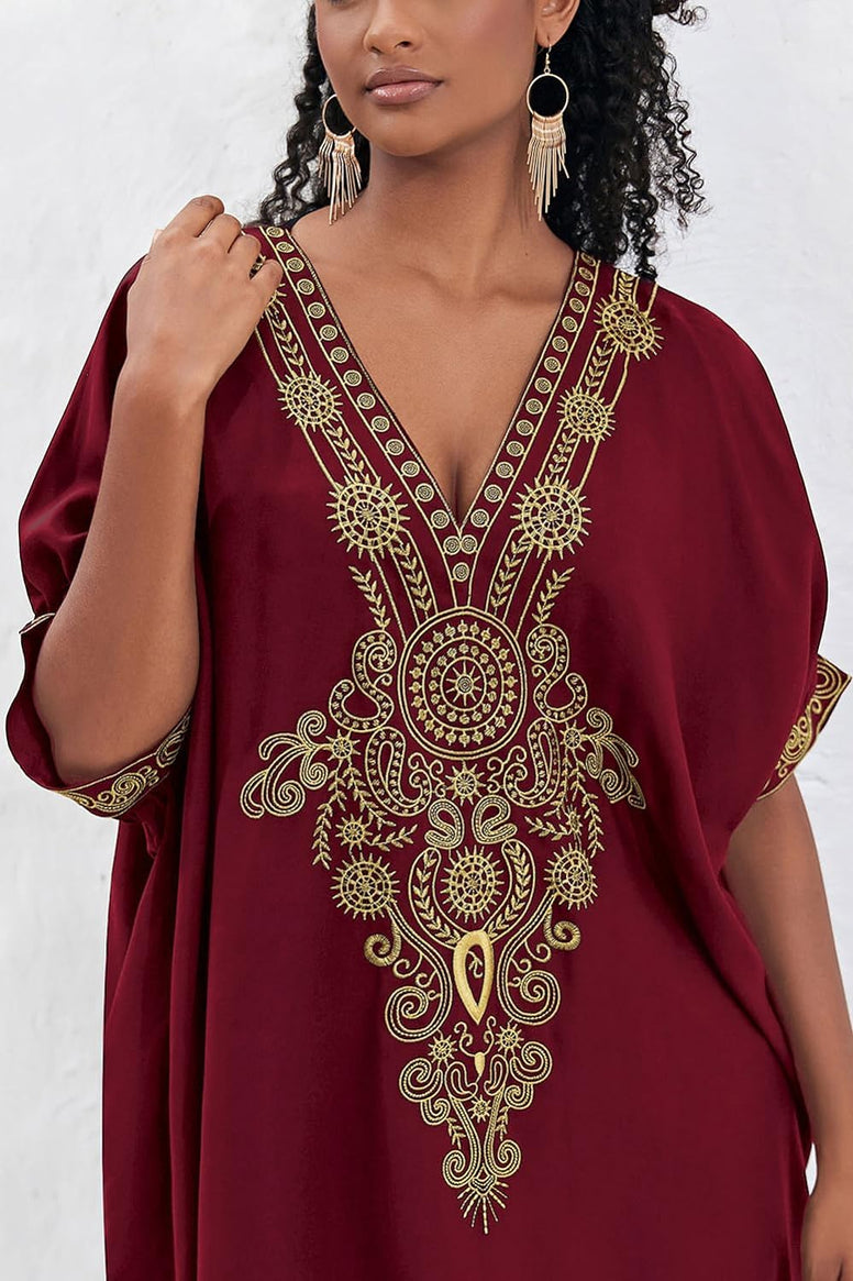 YouKD Embroidered Kaftan Dress Boho Beach Bikini Cover Up Robe Plus Size Loungewear for Women