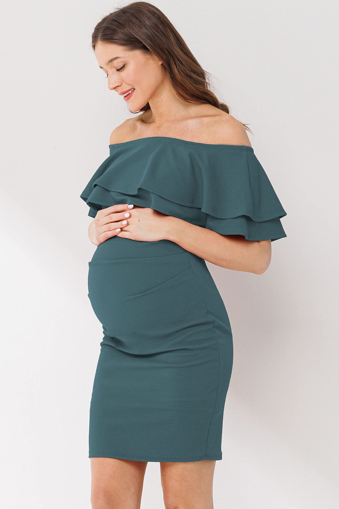 LaClef Women's Off Shoulder Maternity Dress with Double Ruffle