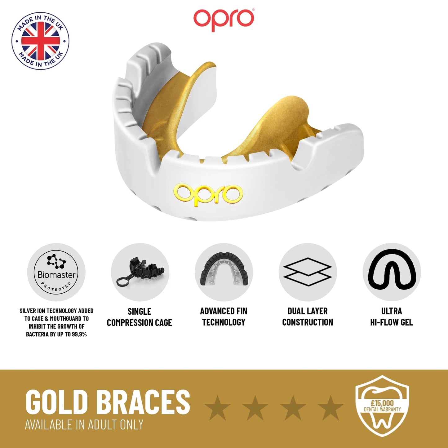 Opro New Gold Level Mouthguard for Braces, Adults Sports Mouth Guard, Featuring Revolutionary Fitting Technology for Boxing, Lacrosse, MMA, Martial Arts, Hockey, and All Contact Sports (White)