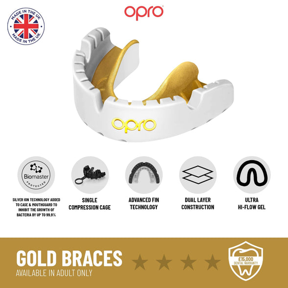 Opro New Gold Level Mouthguard for Braces, Adults Sports Mouth Guard, Featuring Revolutionary Fitting Technology for Boxing, Lacrosse, MMA, Martial Arts, Hockey, and All Contact Sports (White)