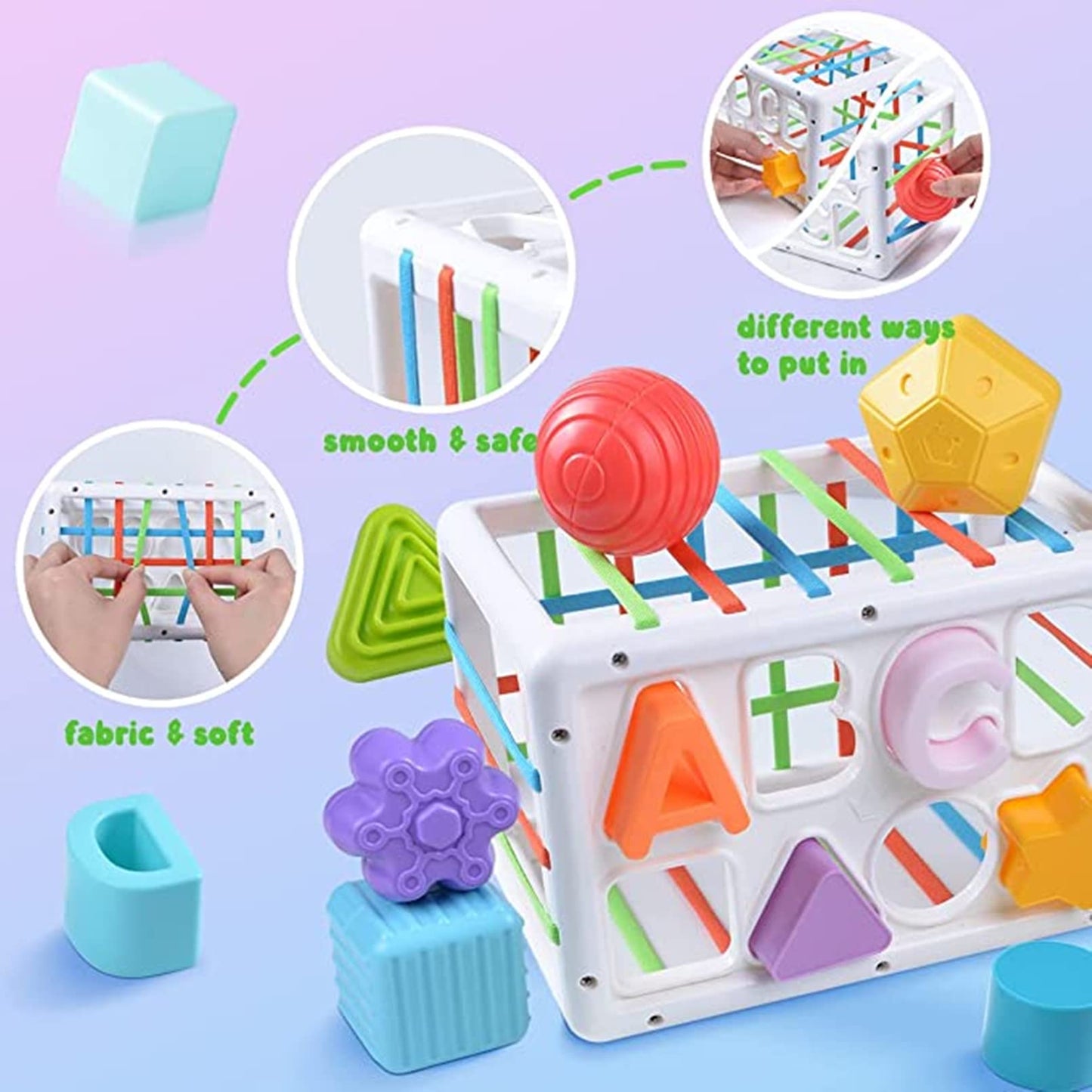 AM ANNA Baby Shape Sorting Toy, Sensory Sorting Bin with Elastic Bands, Colorful Cube with 14PCS Sensory Shape Blocks,Sorter Sorting Brain Toys for Ages 12 Months+ (15Pcs Baby Shape Sorting Toy)