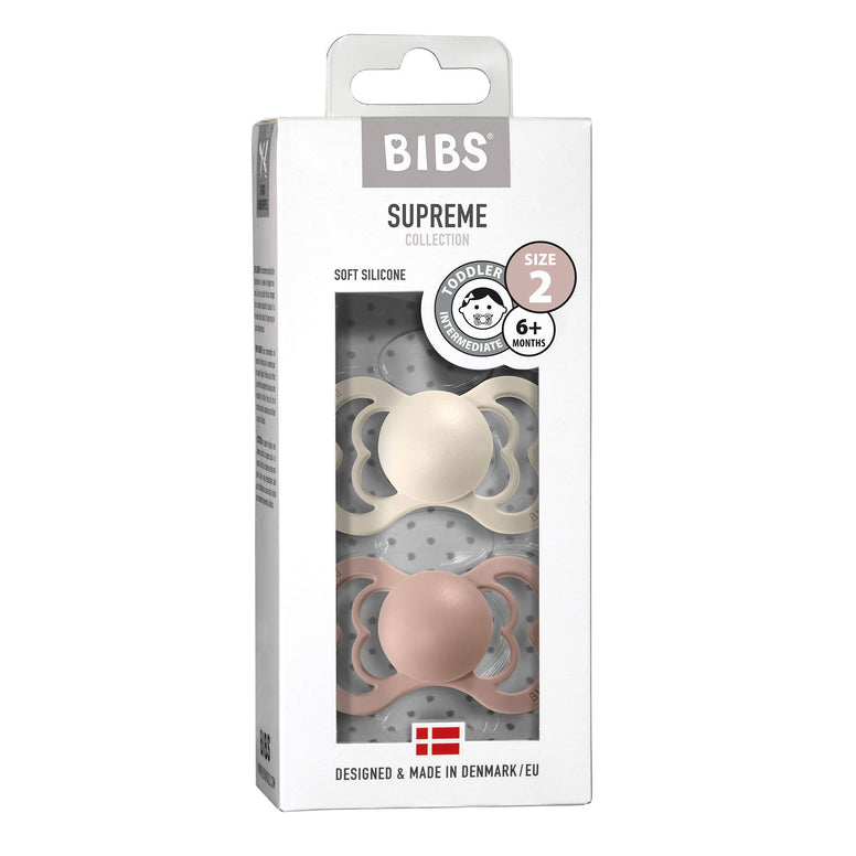 BIBS Supreme Baby Pacifier 2-Pack | Made in Denmark | BPA Free Dummy Soother, Symmetrical Silicone, Size 2 (6-18 Months), Ivory/Blush