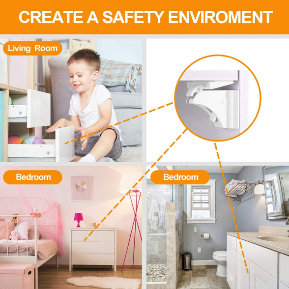 Baby Proofing Magnetic Cabinet Locks Child Safety, LEHSGY Children Proof Cupboard Latches,Baby Safety No Screws or Drilling (White/ 8 & 2 Keys)