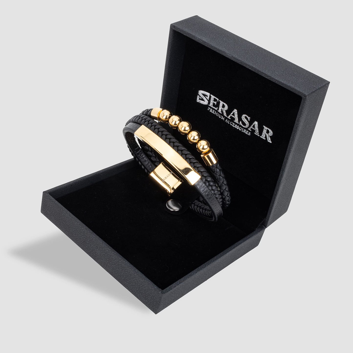 SERASAR | Men's Premium Genunie Black Leather Bracelet [Pearl] | Magnetic Stainless Steel Clasp in Black, Silver and Gold | Exclusive Jewellery Box | Great Gift Idea