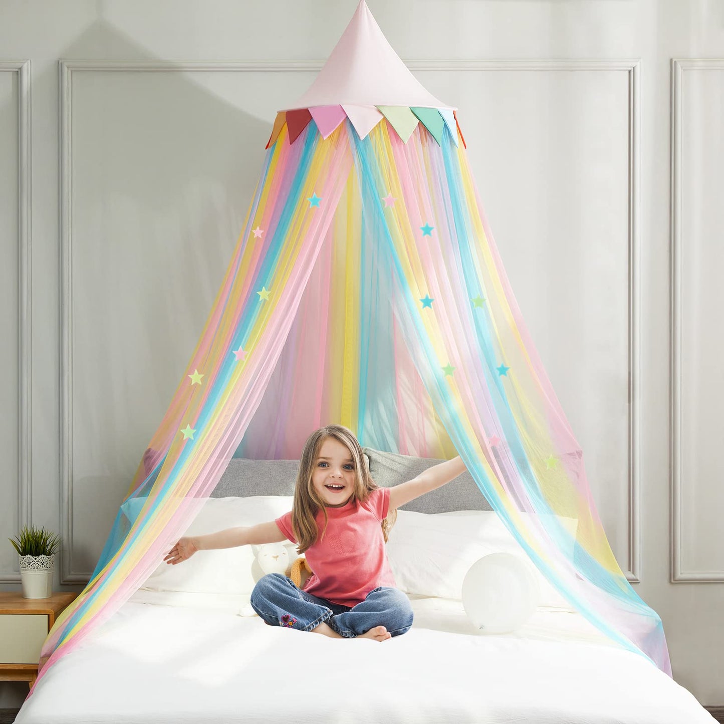 MOOZHEALTH Bed Canopy for Girls Kids Princess Round Dome Dreamy Hanging Net Canopy Rainbow Bright Bed Canopy for Girls Kids Bedroom Decoration Children Reading Nook Play Tent Canopy
