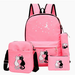 4Pcs Cute Cat Prints Canvas School Rucksack Backpack Set for Girls, Pink, Medium, Rucksack Backpacks