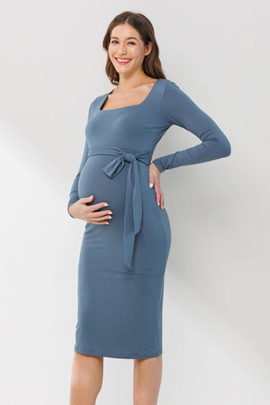 Womens Long Sleeve Square Neck Waist Tie Maternity Dress