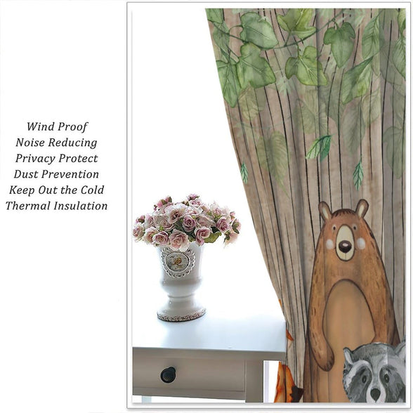 Forest Animal Kids Curtains, Wild Rustic Bear Fox Deer Children Cartoon Window Treatments for Living Room, Watercolor Woodland Animal Blackout Drapes 2 Panel Sets,42x45 Inch