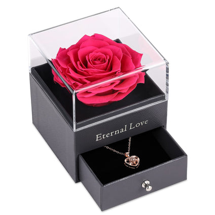 Tiaronics Real Preserved Hot Pink Rose - Eternal Rose Gift Box with Rose Necklace, Handmade Fresh Rose Gift for Her on Birthday,Christmas,Mother's Day,Valentine's Day (Hot Pink)