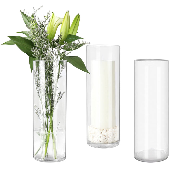 3 Pack Clear Glass Cylinder Vases, Table Flowers Vase Candle Holder for Home,Garden, Wedding Centerpiece Decorations and Formal Dinners (Width 4", Height 12")