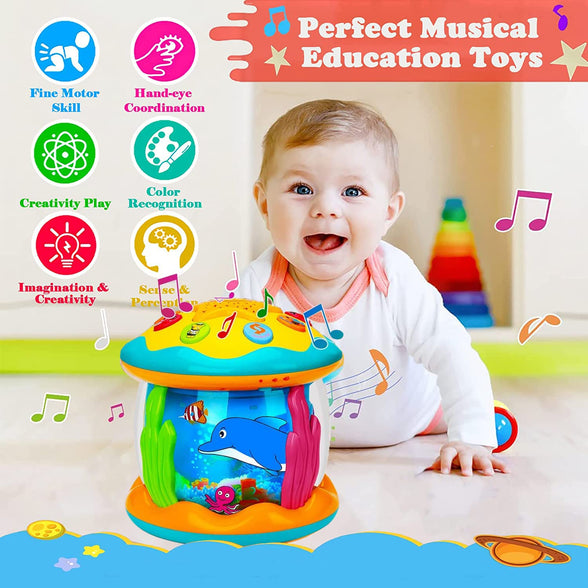 AM ANNA Baby Music Toys 4 in 1 Projector Ocean Rotating Montessori Toys,Crawling Light Up Baby Toys Newborn Baby Early Education Toys 3-18 Months Babies Gifts for Toddlers 1-3 Years Old Boys Girl Kid