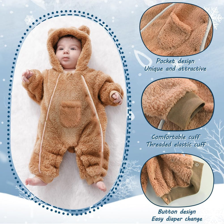 AiWMGL Baby Girls Boys Newborn Teddy Bear Onesie Fleece Outfit Winter Clothes Jumpsuit Romper Hooded Warm (0-3 Months)