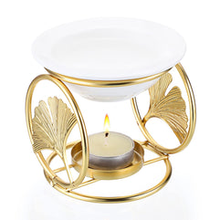 JUXYES Decorative Candle Wax Warmer for Scented Wax, Ceramic Wax Melting Pool with Ginkgo Leaf Metal Rack, Scented Wax Melts Warmer Candle Essentail Oil Burner Diffuser Fragrance Warmer