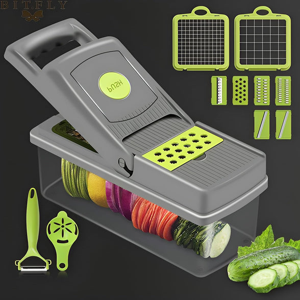15 in 1 Multifunctional Vegetable Chopper-Mandoline Veggie Dicer-Onion Fruit Salad Cheese Food Slicer-Lemon Egg Squeezer-Perfect Blades Stainless Steel Cutters with Transparent Container Box (Grey)