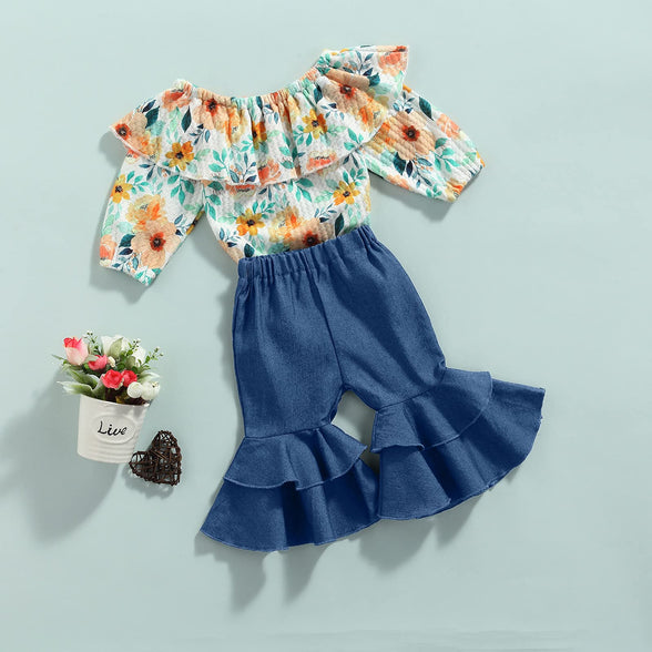 0-18M Infant Baby Girl Clothes Set Floral Print Ruffle Collar Long Sleeve Romper+Denim Flare Pants