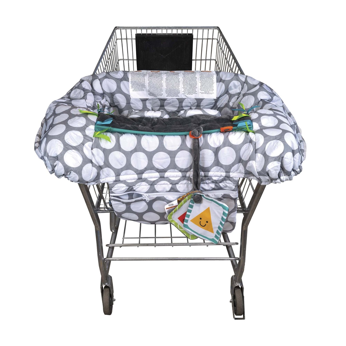 Boppy Shopping Cart and High Chair Cover—Preferred | Gray Jumbo Dots with Attached Crinkle Book Toy| With Integrated Storage Pouch | 2-Point Safety Belt | Wipeable, Machine Washable | 6-48 months